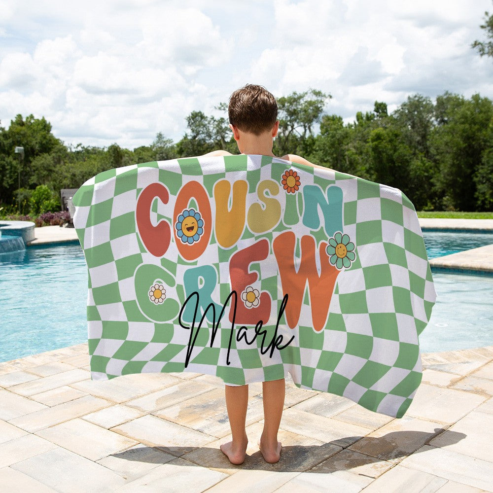 Personalized Groovy Cousin Crew Plaid Beach Towel, Perfect for Family Outings