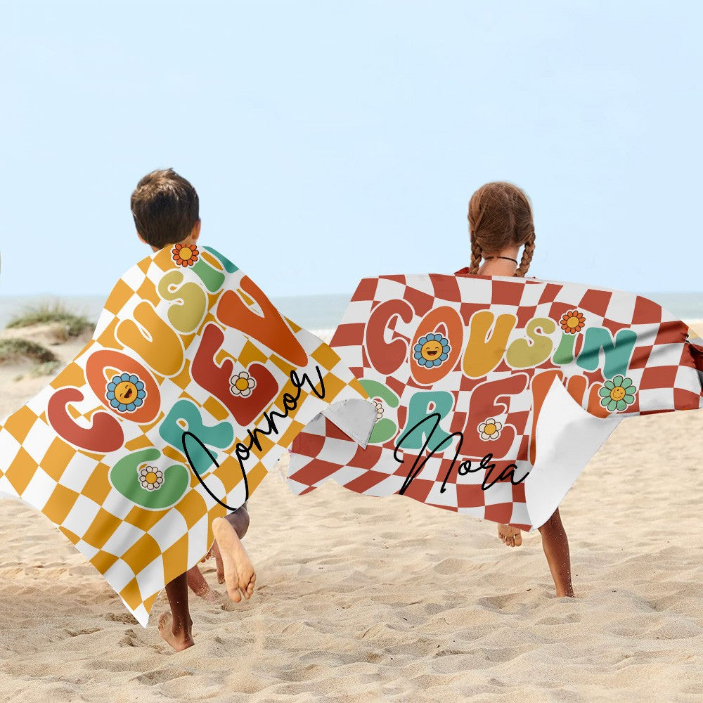 Personalized Groovy Cousin Crew Plaid Beach Towel, Perfect for Family Outings