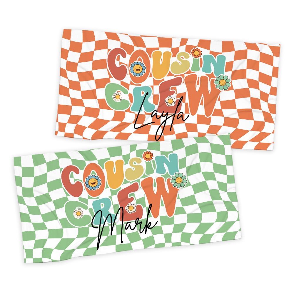 Personalized Groovy Cousin Crew Plaid Beach Towel, Perfect for Family Outings