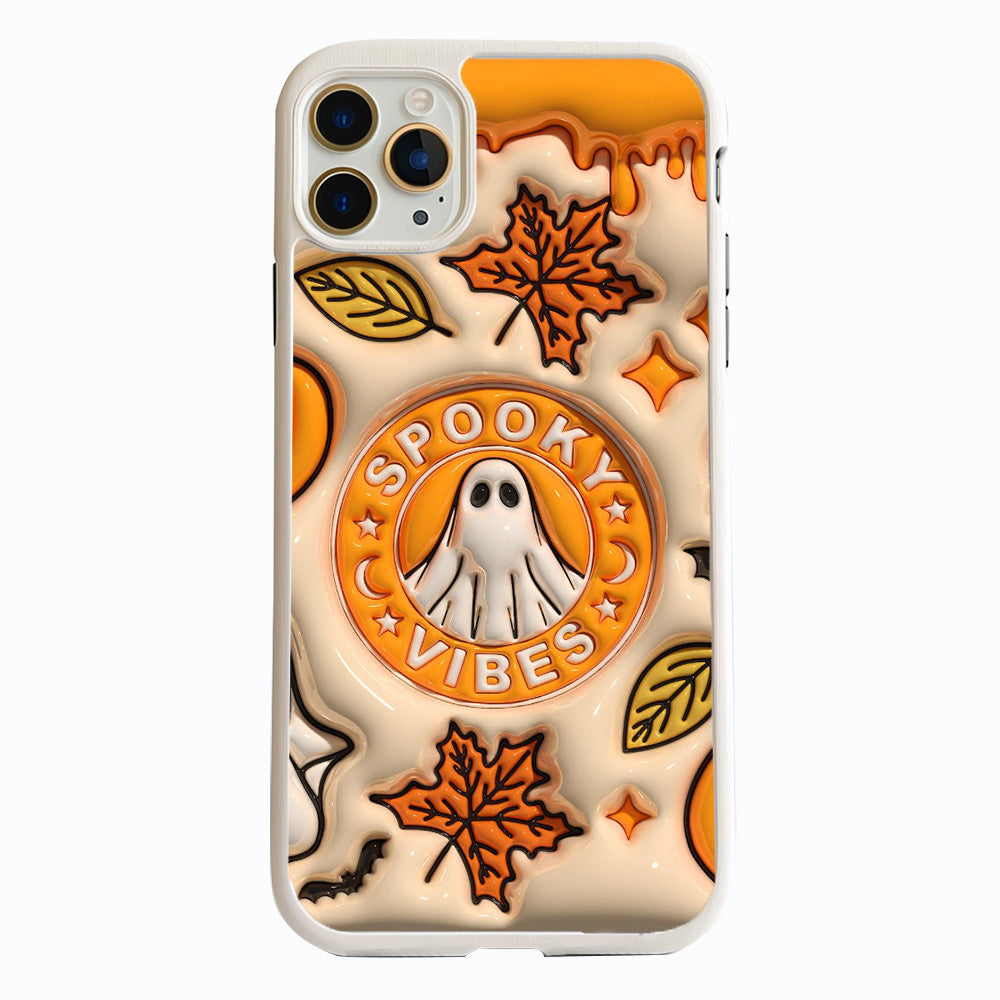 Spooky Vibes Ghost Phone Case with Autumn Leaves and Spooky Sign Design, iPhone, Pixel, Samsung
