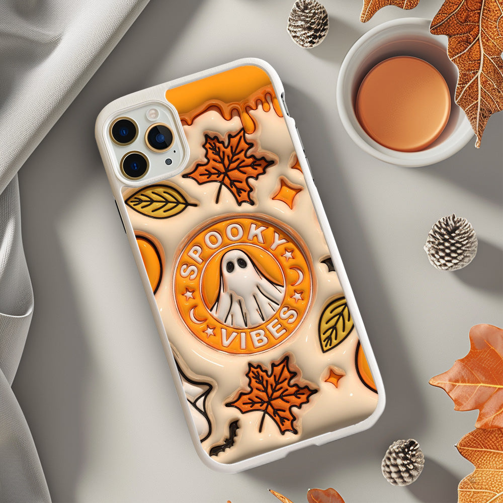 Spooky Vibes Ghost Phone Case with Autumn Leaves and Spooky Sign Design, iPhone, Pixel, Samsung