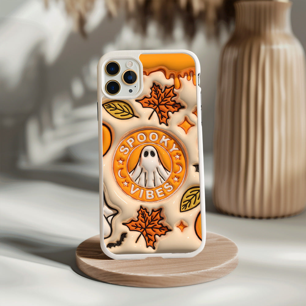 Spooky Vibes Ghost Phone Case with Autumn Leaves and Spooky Sign Design, iPhone, Pixel, Samsung