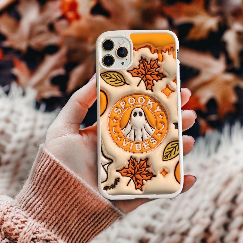 Spooky Vibes Ghost Phone Case with Autumn Leaves and Spooky Sign Design, iPhone, Pixel, Samsung