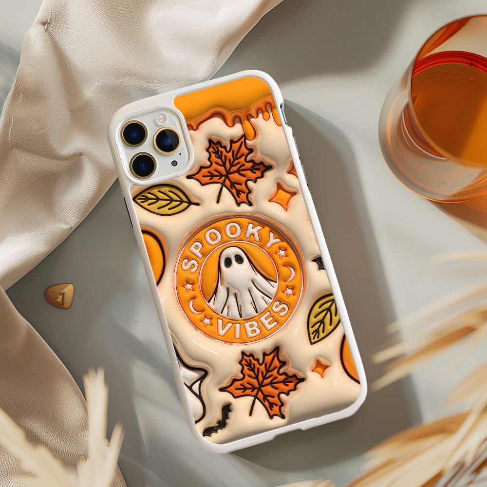 Spooky Vibes Ghost Phone Case with Autumn Leaves and Spooky Sign Design, iPhone, Pixel, Samsung