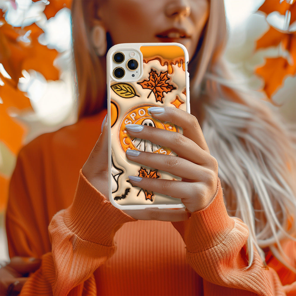 Spooky Vibes Ghost Phone Case with Autumn Leaves and Spooky Sign Design, iPhone, Pixel, Samsung