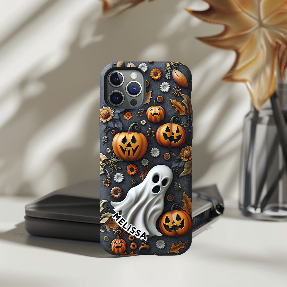 Personalized Name Halloween Pumpkin Ghost Phone Case, iPhone, Pixel, Samsung
