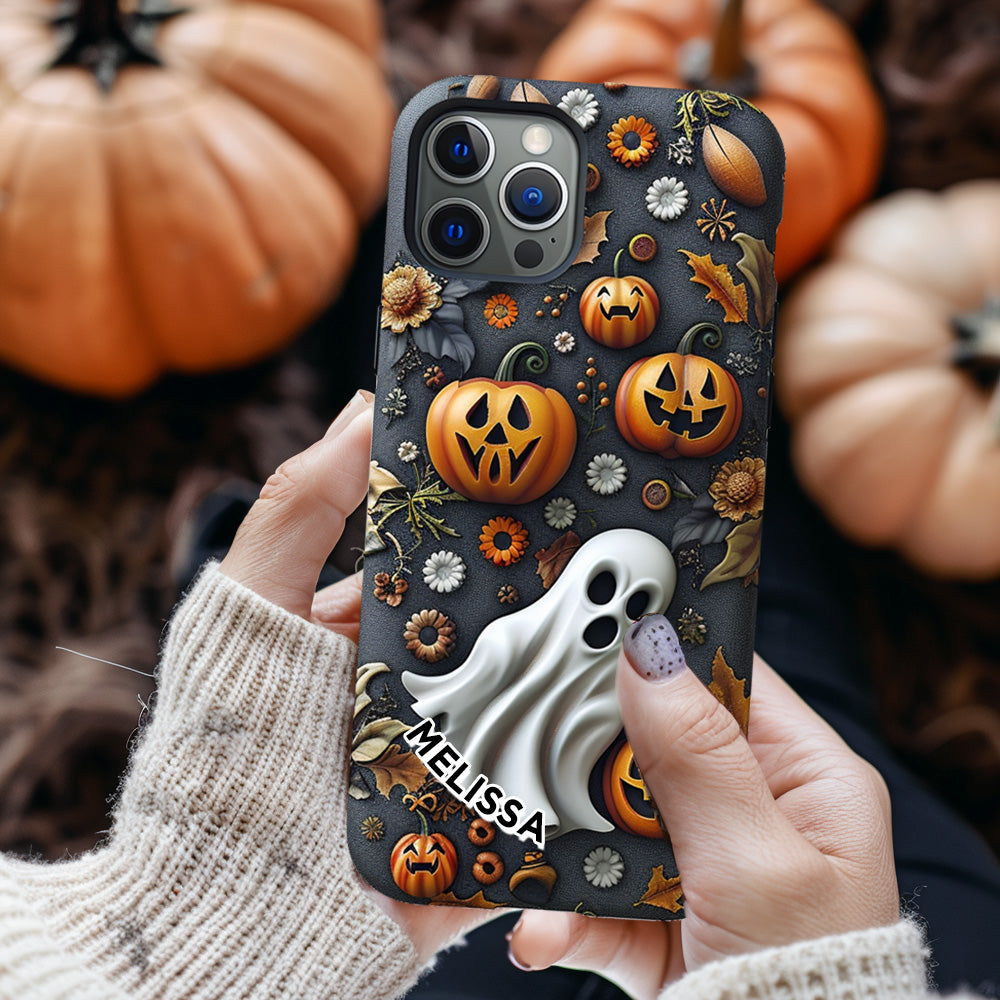 Personalized Name Halloween Pumpkin Ghost Phone Case, iPhone, Pixel, Samsung