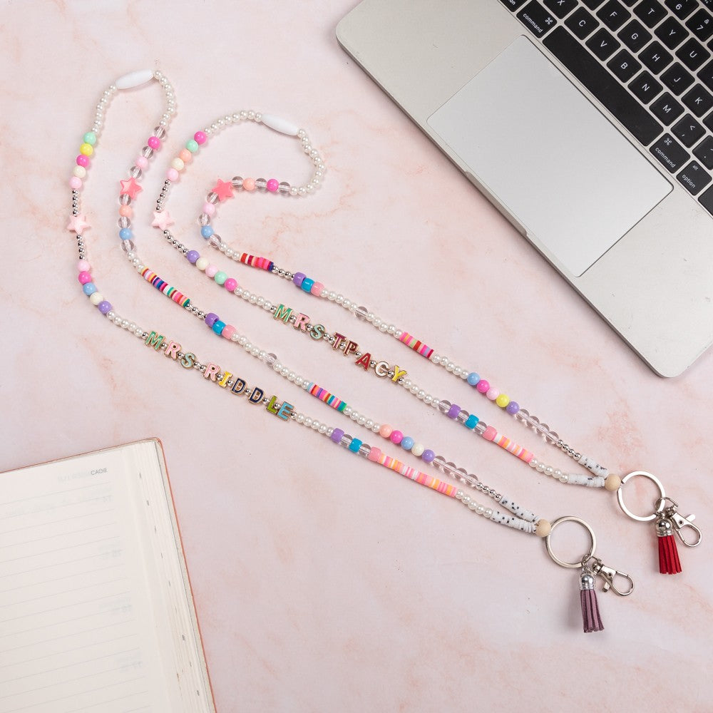 Personalized Colorful Beaded Teacher Lanyard with Tassel, Custom Name Wooden School Lanyard, Back to School/End of Year Gift for Teacher/Educator