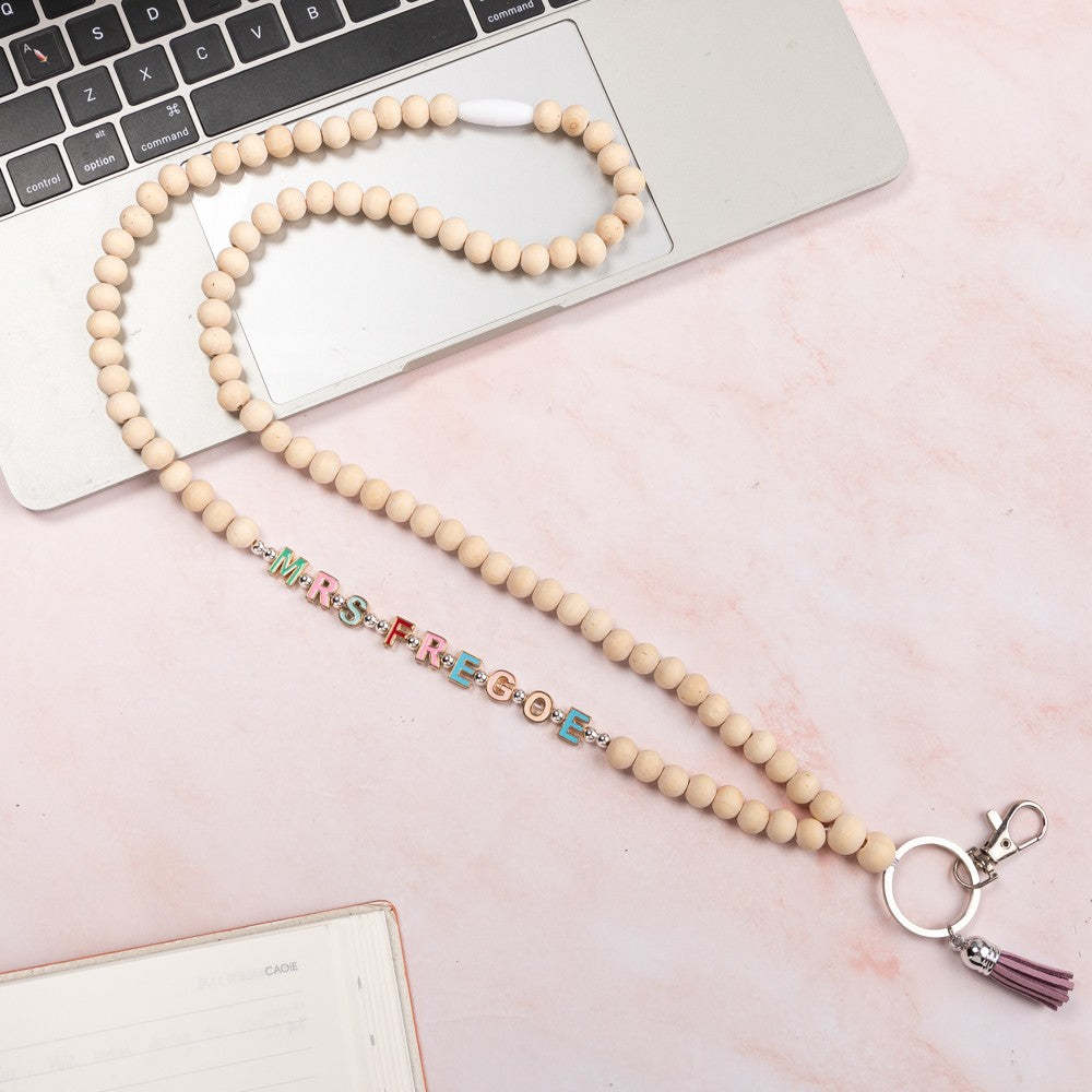 Personalized Colorful Beaded Teacher Lanyard with Tassel, Custom Name Wooden School Lanyard, Back to School/End of Year Gift for Teacher/Educator
