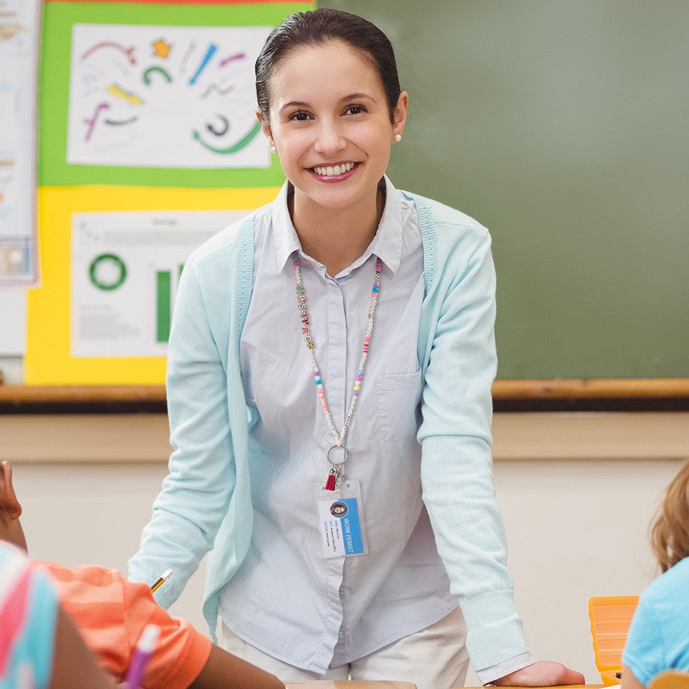 Personalized Colorful Beaded Teacher Lanyard with Tassel, Custom Name Wooden School Lanyard, Back to School/End of Year Gift for Teacher/Educator