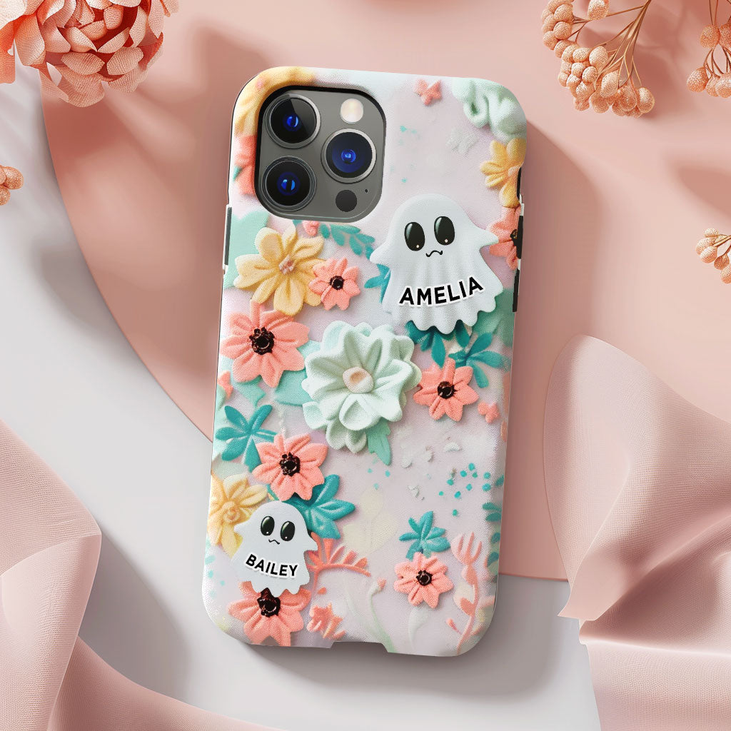 Personalized Name Floral Ghost Charm Phone Case, Cute Ghost & Flower Design, iPhone, Pixel, Samsung