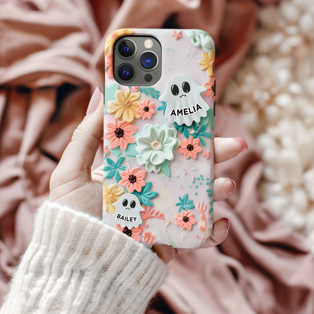 Personalized Name Floral Ghost Charm Phone Case, Cute Ghost & Flower Design, iPhone, Pixel, Samsung