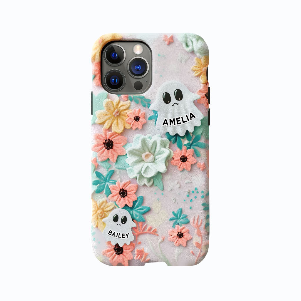 Personalized Name Floral Ghost Charm Phone Case, Cute Ghost & Flower Design, iPhone, Pixel, Samsung