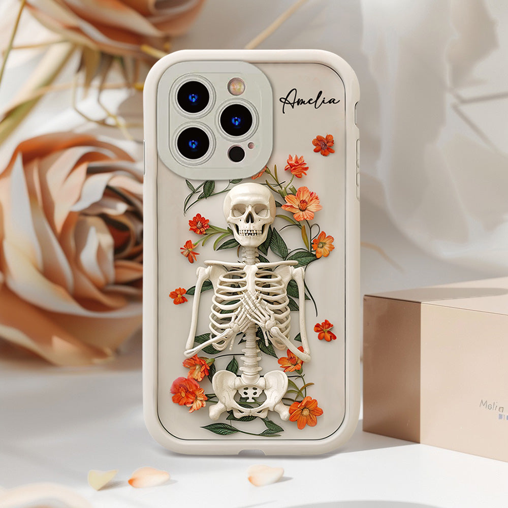 Personalized Name Skeleton with Orange Flowers Phone Case, iPhone, Pixel, Samsung