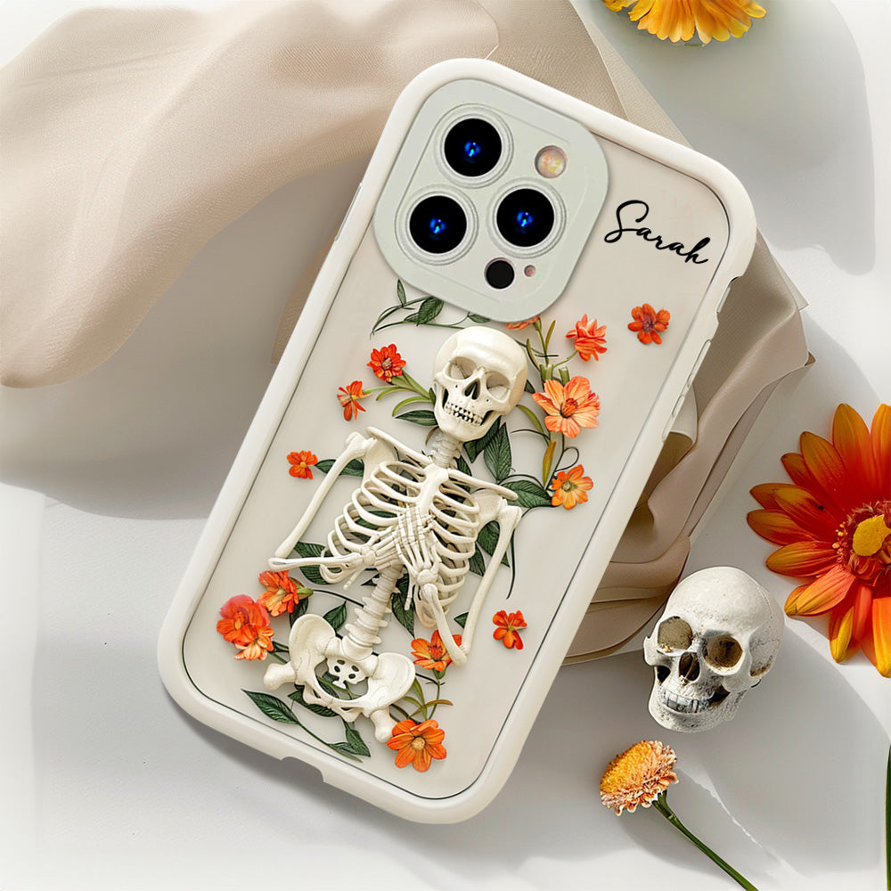 Personalized Name Skeleton with Orange Flowers Phone Case, iPhone, Pixel, Samsung