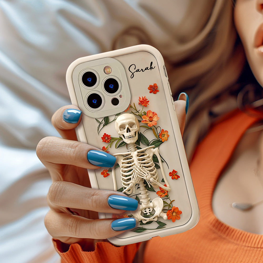 Personalized Name Skeleton with Orange Flowers Phone Case, iPhone, Pixel, Samsung