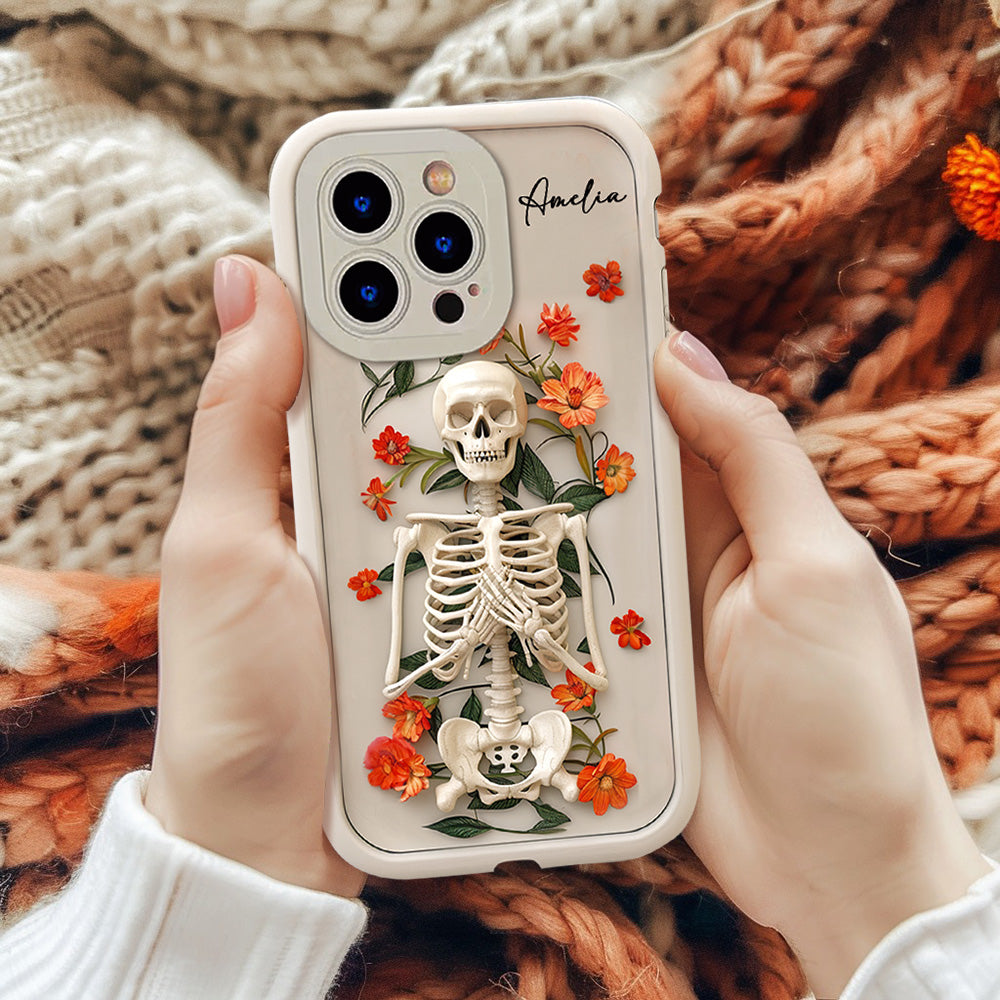 Personalized Name Skeleton with Orange Flowers Phone Case, iPhone, Pixel, Samsung
