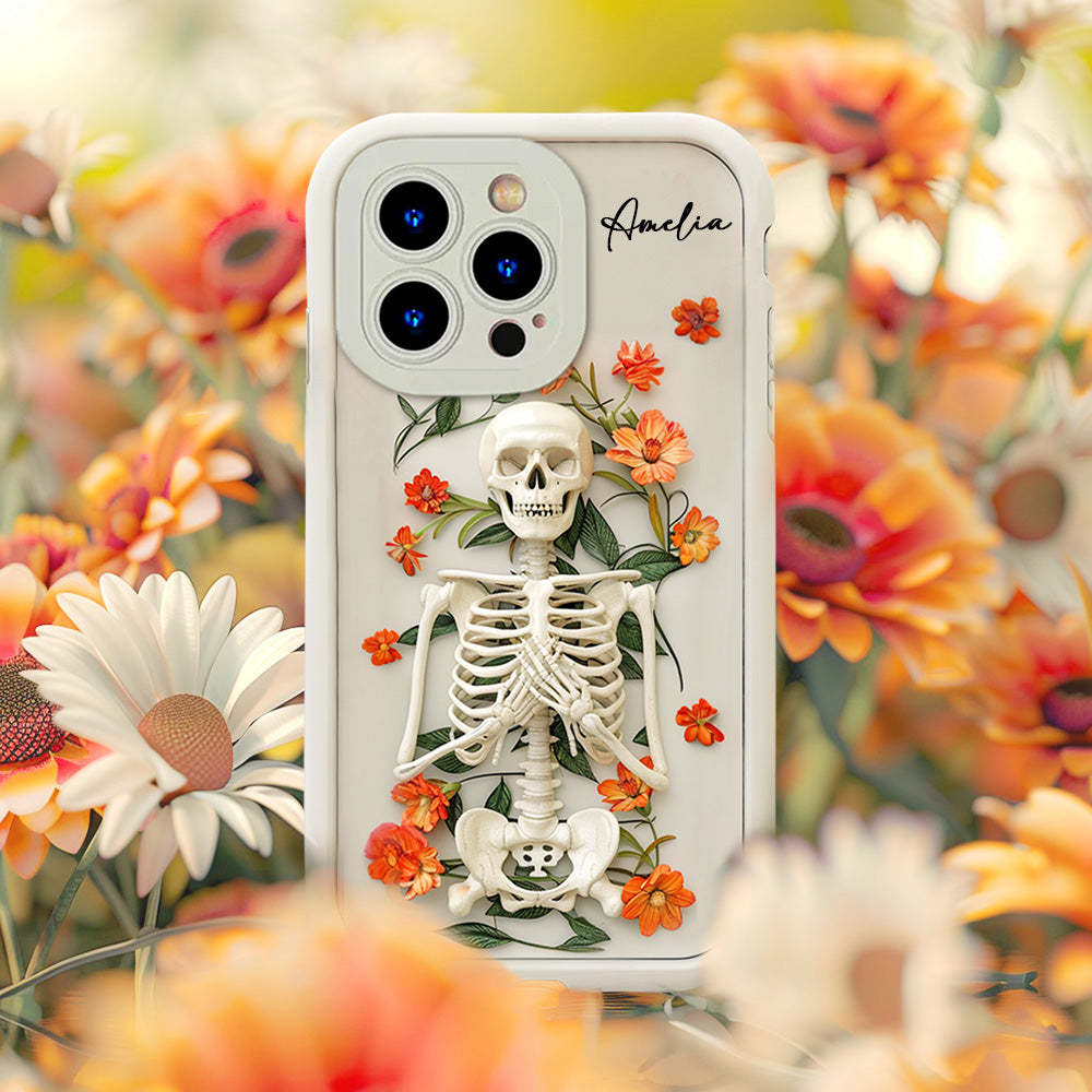 Personalized Name Skeleton with Orange Flowers Phone Case, iPhone, Pixel, Samsung