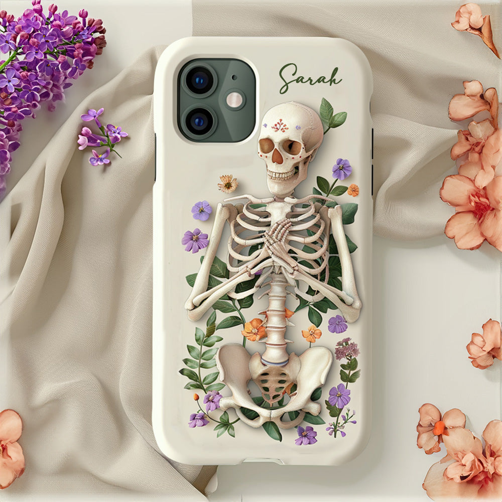 Personalized Name Skeleton Floral Phone Case, Personalized with Name, Unique Halloween Design, iPhone, Pixel, Samsung