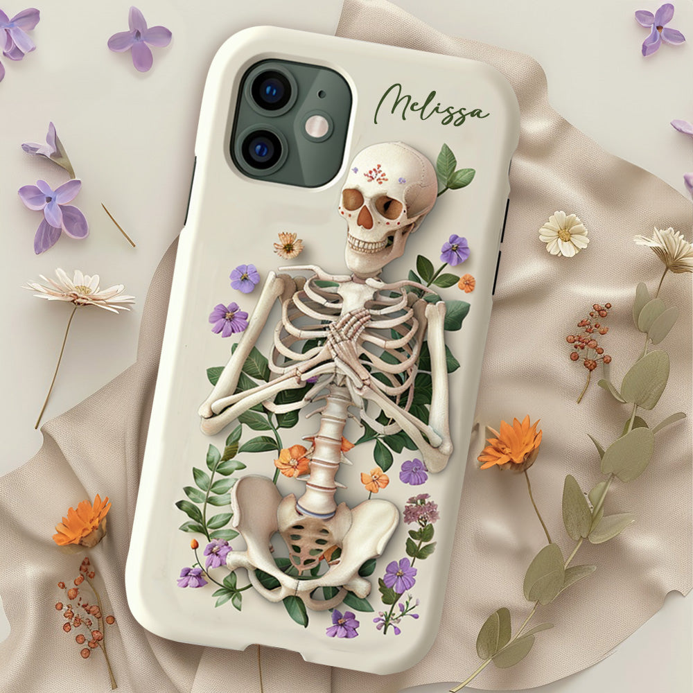 Personalized Name Skeleton Floral Phone Case, Personalized with Name, Unique Halloween Design, iPhone, Pixel, Samsung