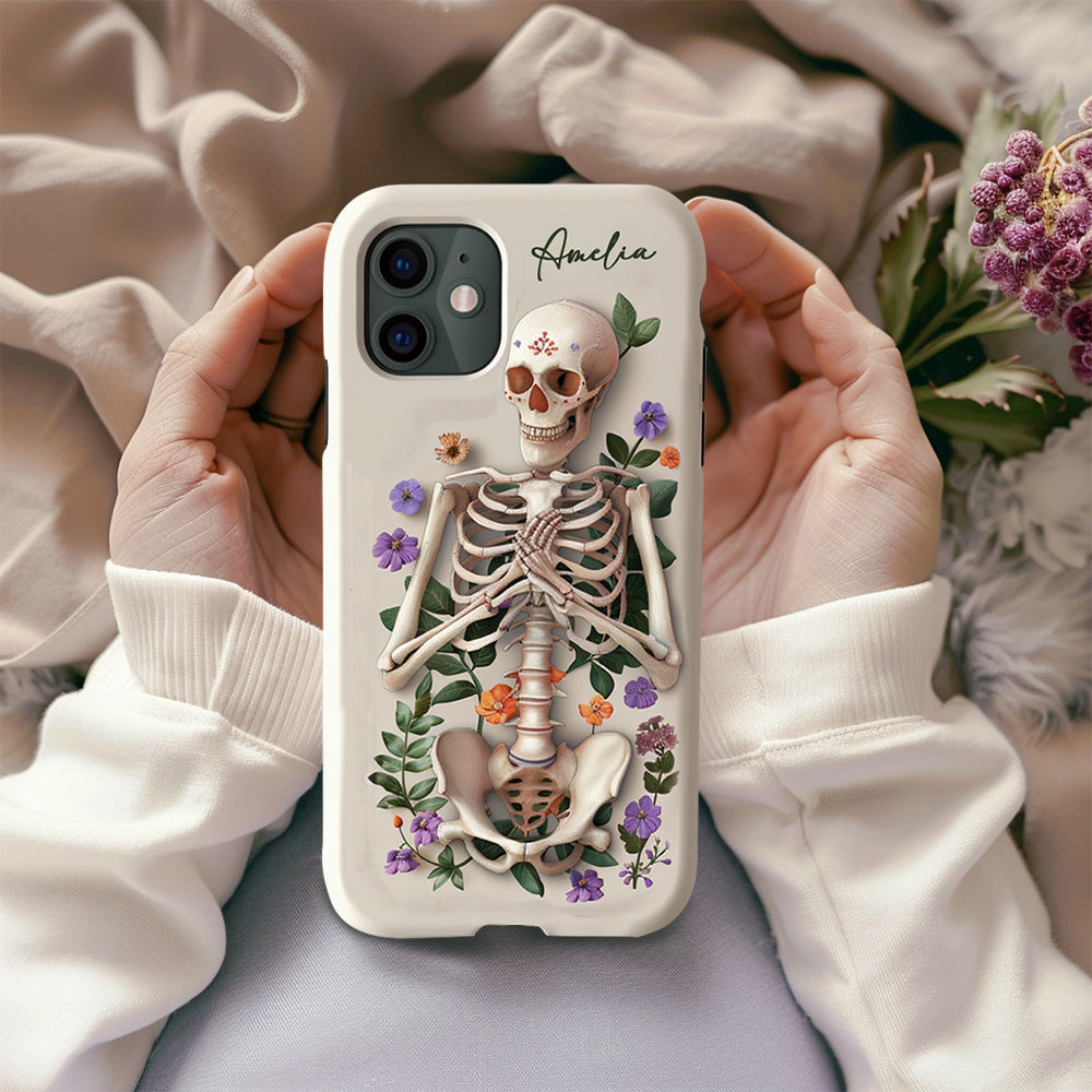 Personalized Name Skeleton Floral Phone Case, Personalized with Name, Unique Halloween Design, iPhone, Pixel, Samsung