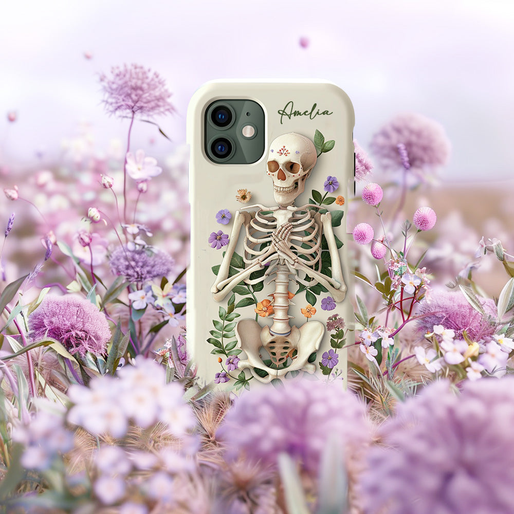 Personalized Name Skeleton Floral Phone Case, Personalized with Name, Unique Halloween Design, iPhone, Pixel, Samsung