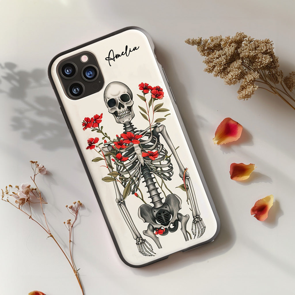 Personalized Name Skeleton with Red Floral Design Phone Case, iPhone, Pixel, Samsung