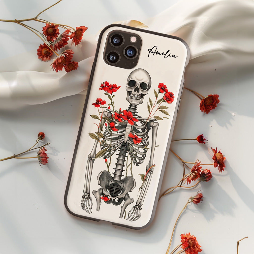 Personalized Name Skeleton with Red Floral Design Phone Case, iPhone, Pixel, Samsung