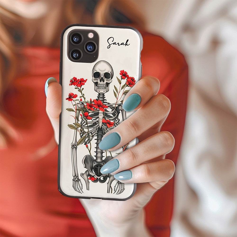 Personalized Name Skeleton with Red Floral Design Phone Case, iPhone, Pixel, Samsung