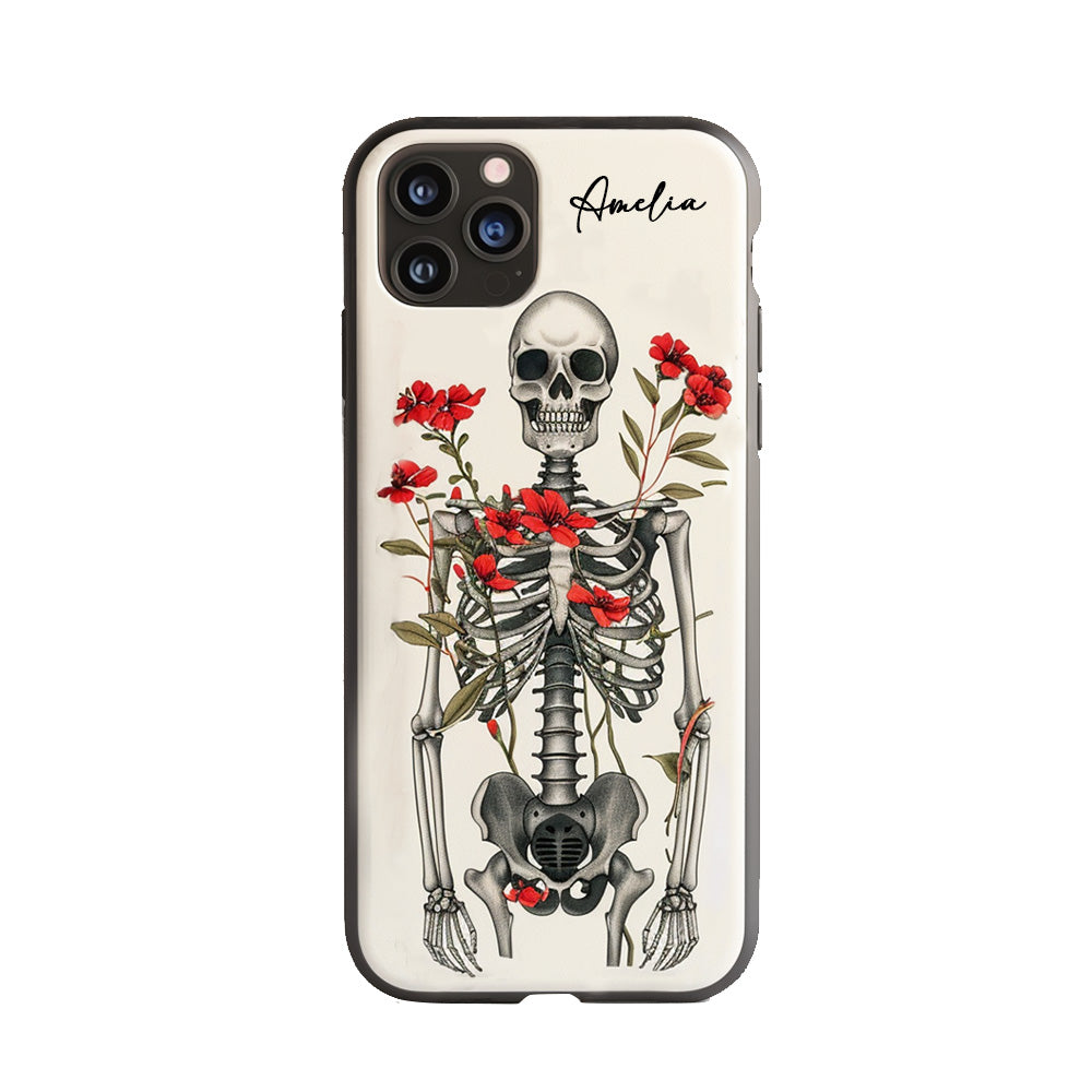 Personalized Name Skeleton with Red Floral Design Phone Case, iPhone, Pixel, Samsung