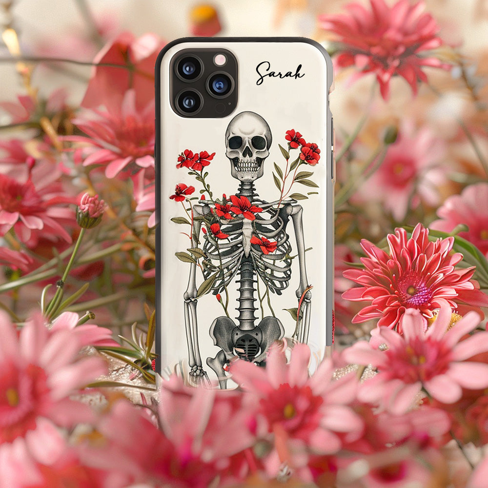 Personalized Name Skeleton with Red Floral Design Phone Case, iPhone, Pixel, Samsung