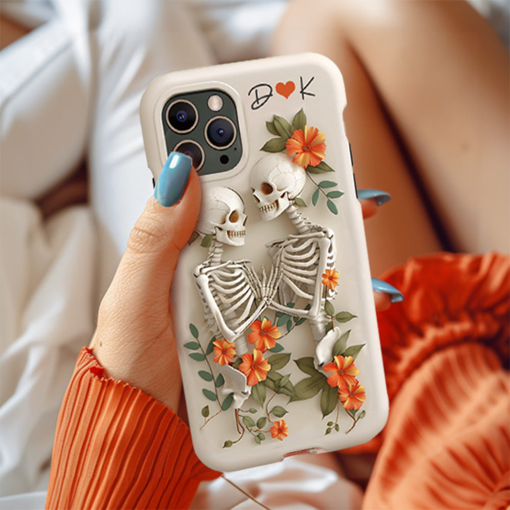 Personalized Initials Couple Skeletons with Orange Floral Design Phone Case, iPhone, Pixel, Samsung