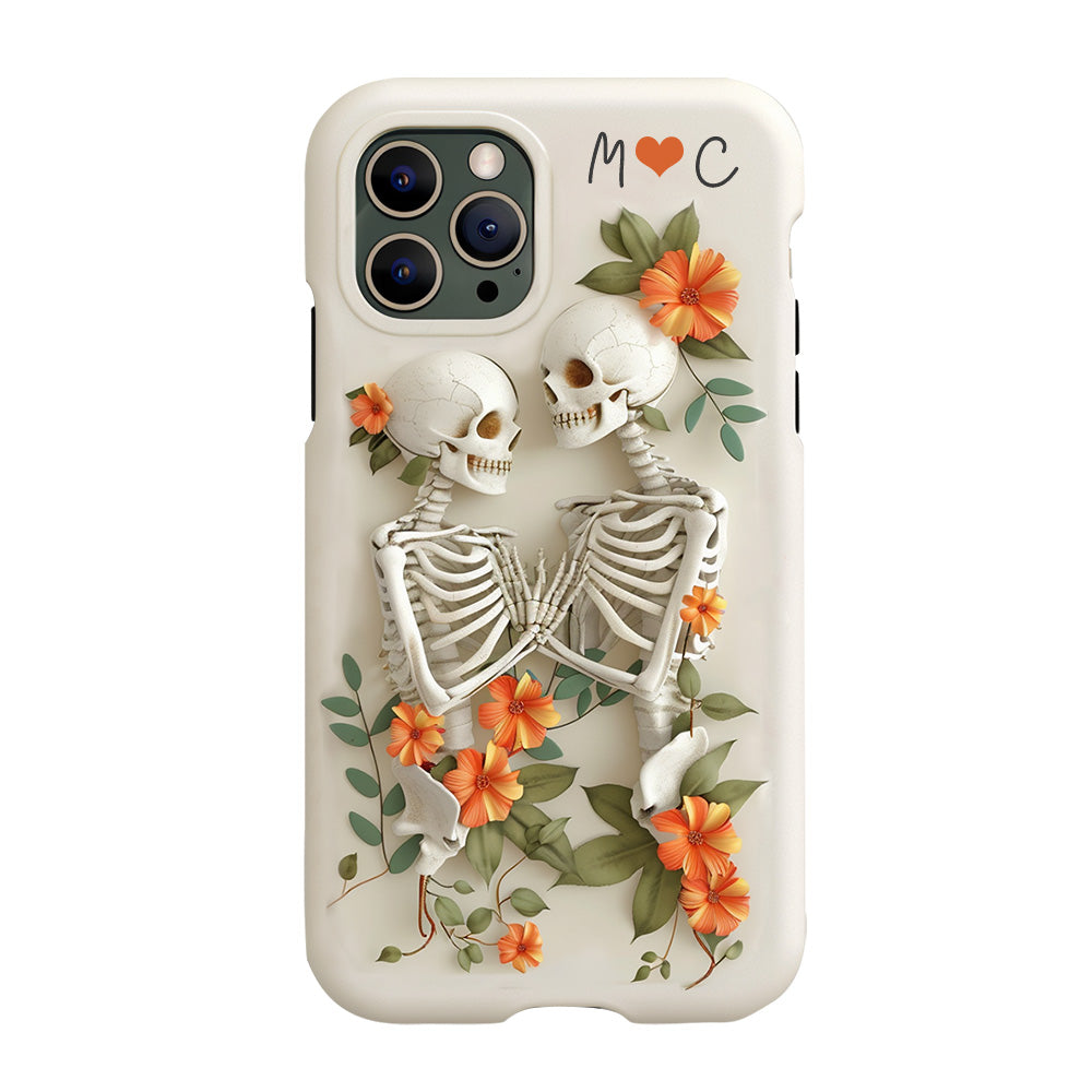 Personalized Initials Couple Skeletons with Orange Floral Design Phone Case, iPhone, Pixel, Samsung