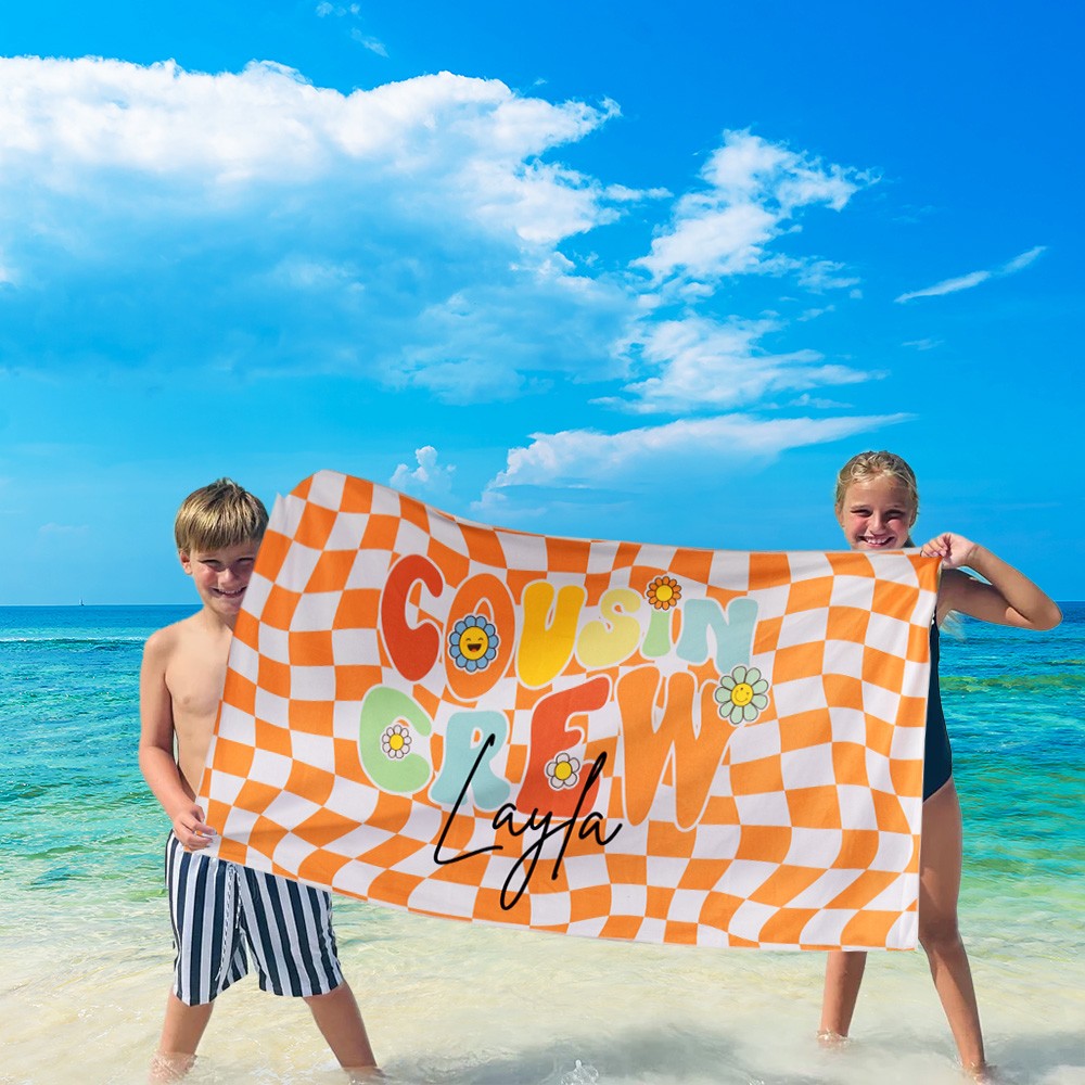 Personalized Groovy Cousin Crew Plaid Beach Towel, Perfect for Family Outings