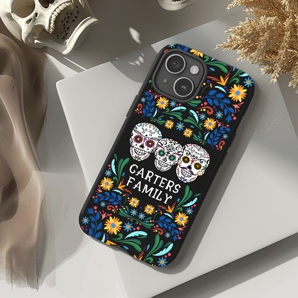 Personalized Family Name Floral Day of the Dead Phone Case, Multiple Styles Available, iPhone, Pixel, Samsung