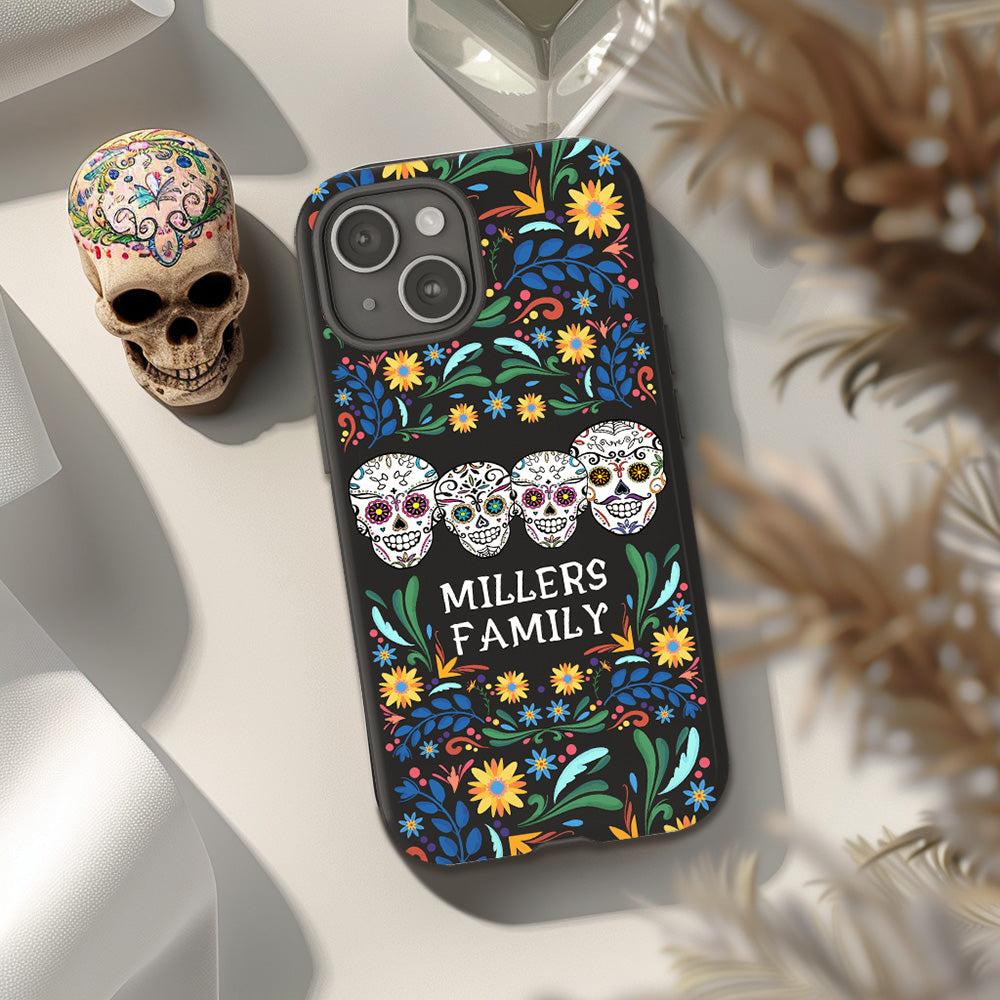 Personalized Family Name Floral Day of the Dead Phone Case, Multiple Styles Available, iPhone, Pixel, Samsung