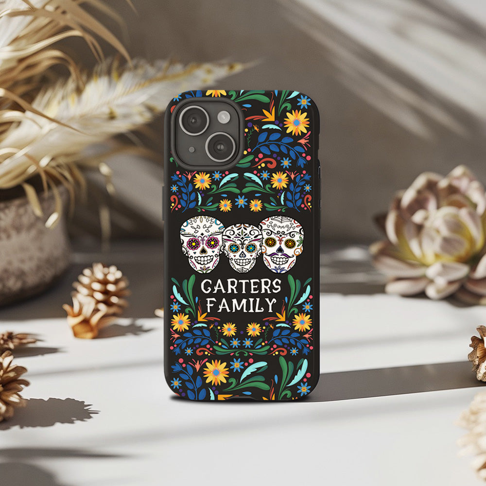 Personalized Family Name Floral Day of the Dead Phone Case, Multiple Styles Available, iPhone, Pixel, Samsung