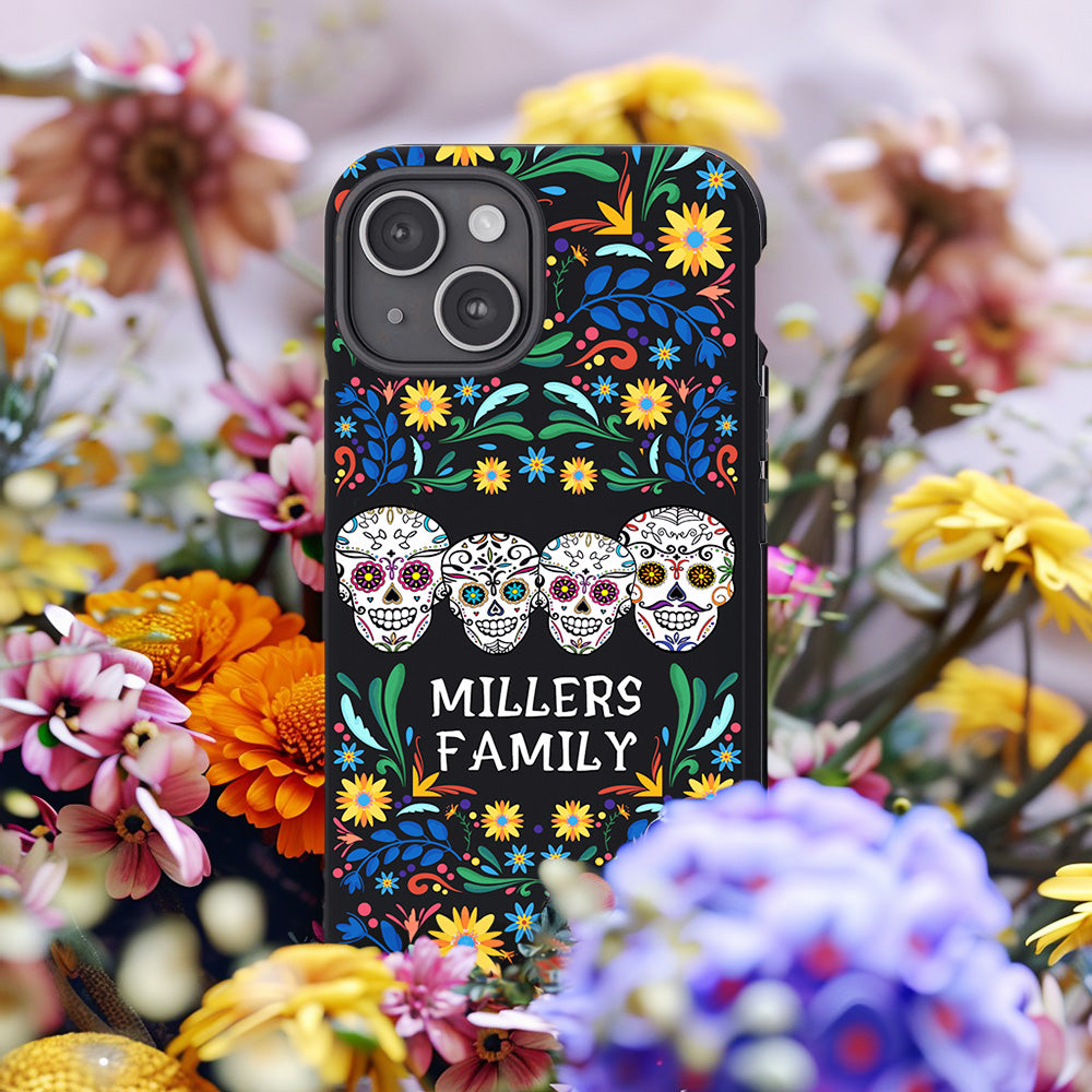 Personalized Family Name Floral Day of the Dead Phone Case, Multiple Styles Available, iPhone, Pixel, Samsung