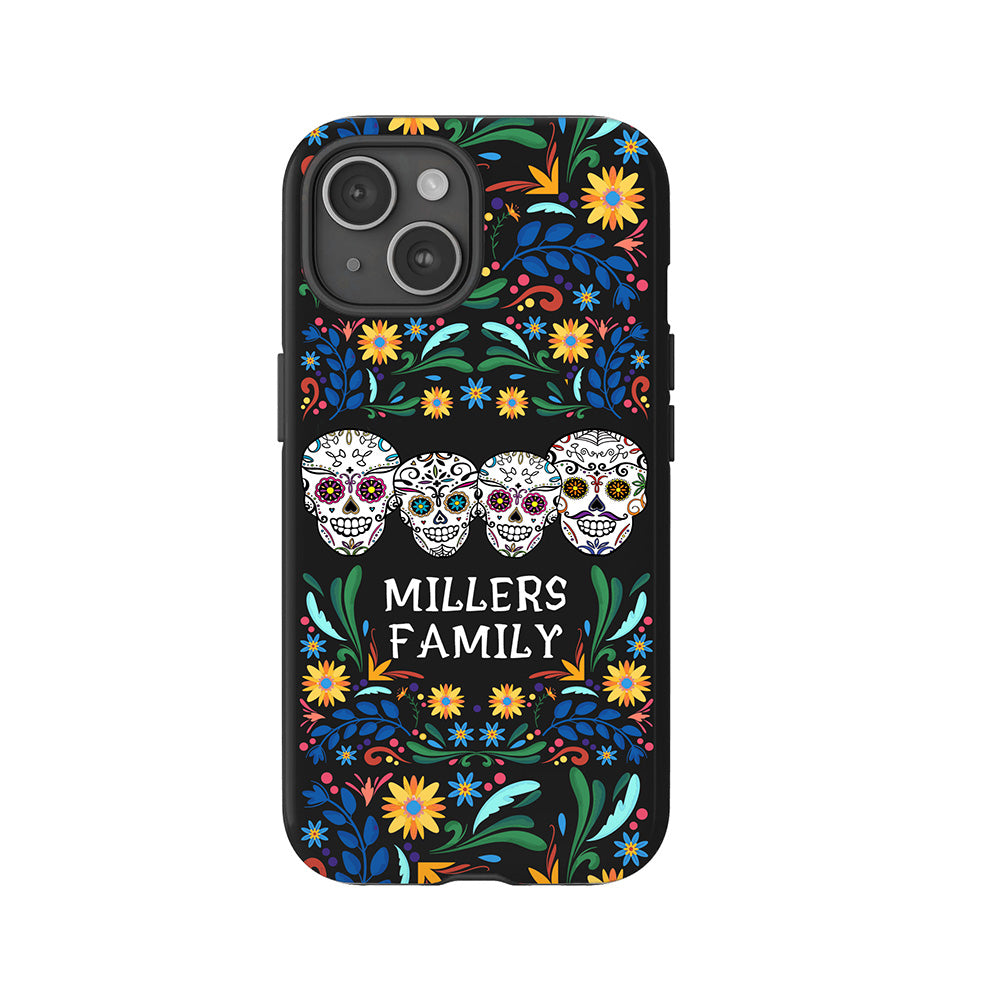 Personalized Family Name Floral Day of the Dead Phone Case, Multiple Styles Available, iPhone, Pixel, Samsung