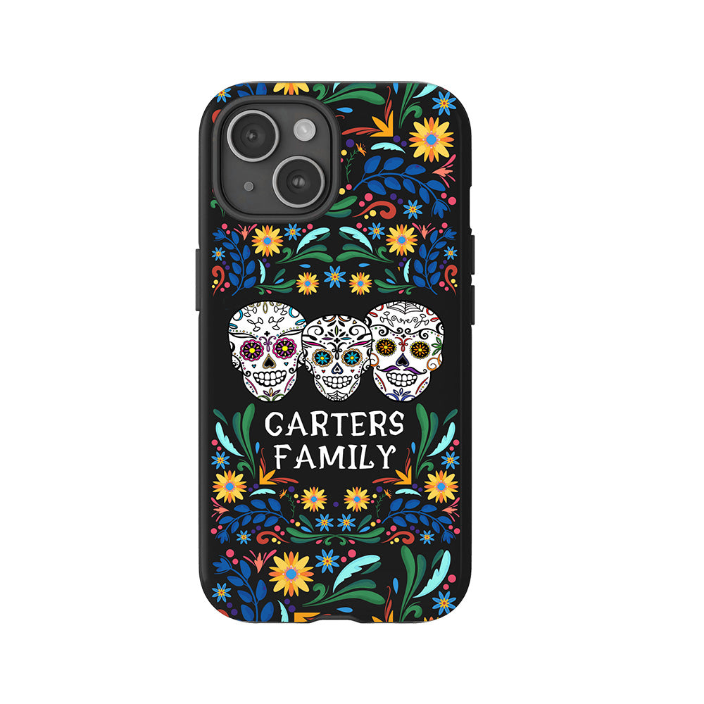 Personalized Family Name Floral Day of the Dead Phone Case, Multiple Styles Available, iPhone, Pixel, Samsung
