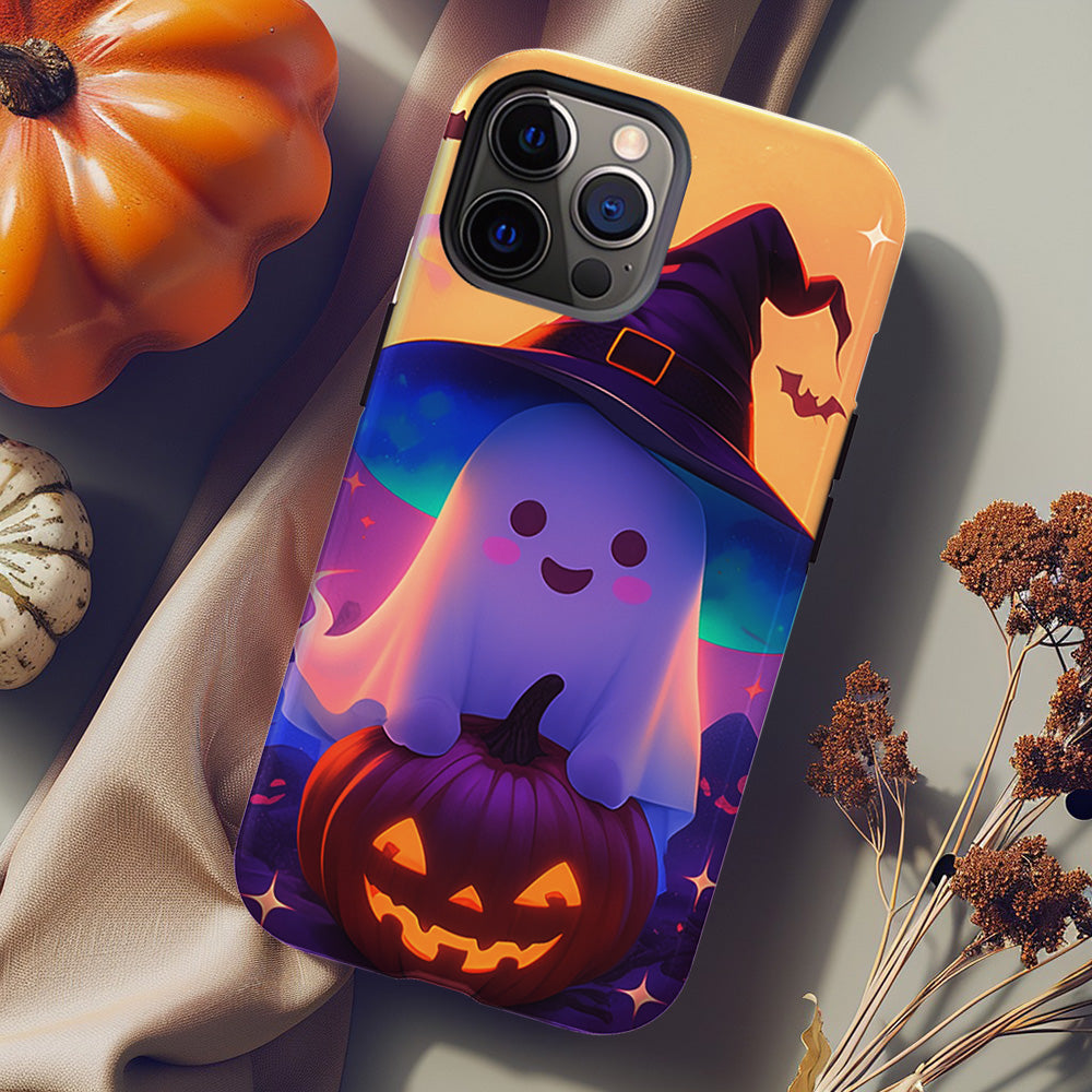 Cute Ghost and Pumpkin Phone Case with Witch Hat Design, iPhone, Pixel, Samsung