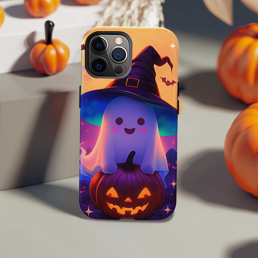 Cute Ghost and Pumpkin Phone Case with Witch Hat Design, iPhone, Pixel, Samsung