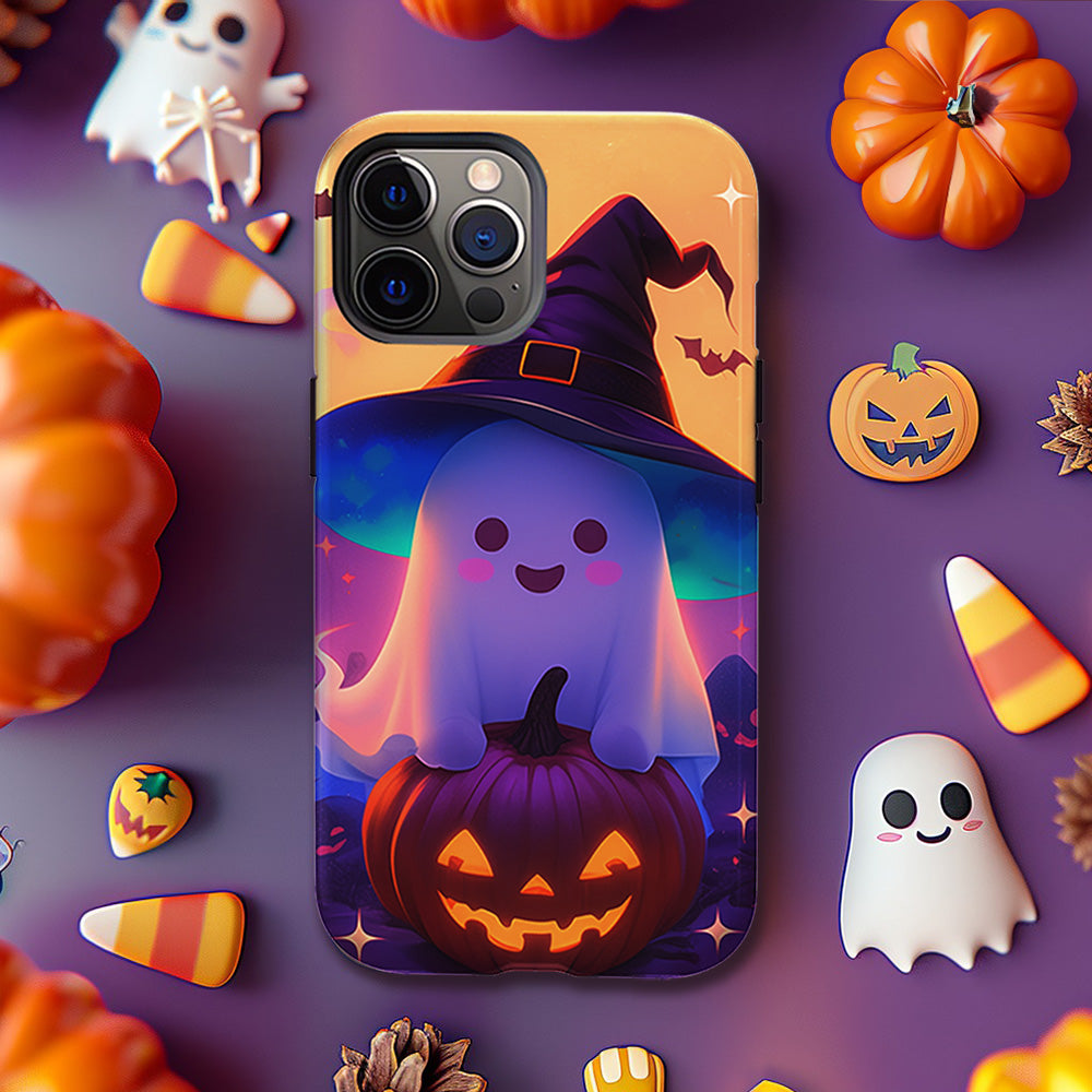 Cute Ghost and Pumpkin Phone Case with Witch Hat Design, iPhone, Pixel, Samsung