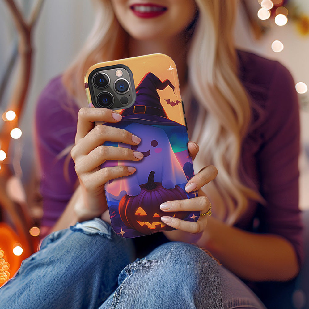 Cute Ghost and Pumpkin Phone Case with Witch Hat Design, iPhone, Pixel, Samsung