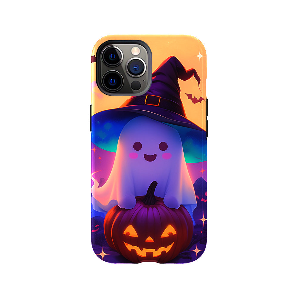 Cute Ghost and Pumpkin Phone Case with Witch Hat Design, iPhone, Pixel, Samsung