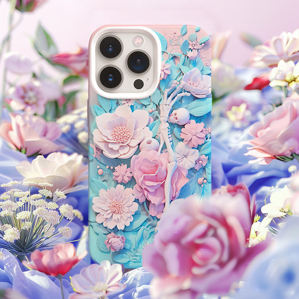 3D Pastel Skeleton with Pink Flowers Phone Case, Stylish Printed Cover,iPhone, Pixel, Samsung
