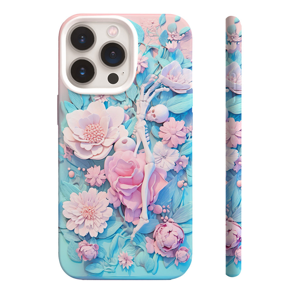 3D Pastel Skeleton with Pink Flowers Phone Case, Stylish Printed Cover,iPhone, Pixel, Samsung