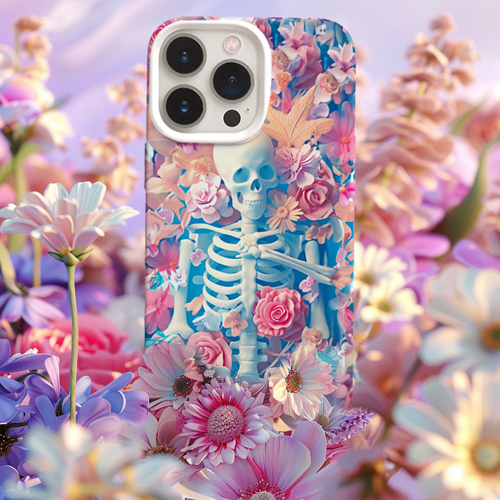 Pastel Skeleton with Pink Flowers Phone Case, Artistic Cover,iPhone, Pixel, Samsung