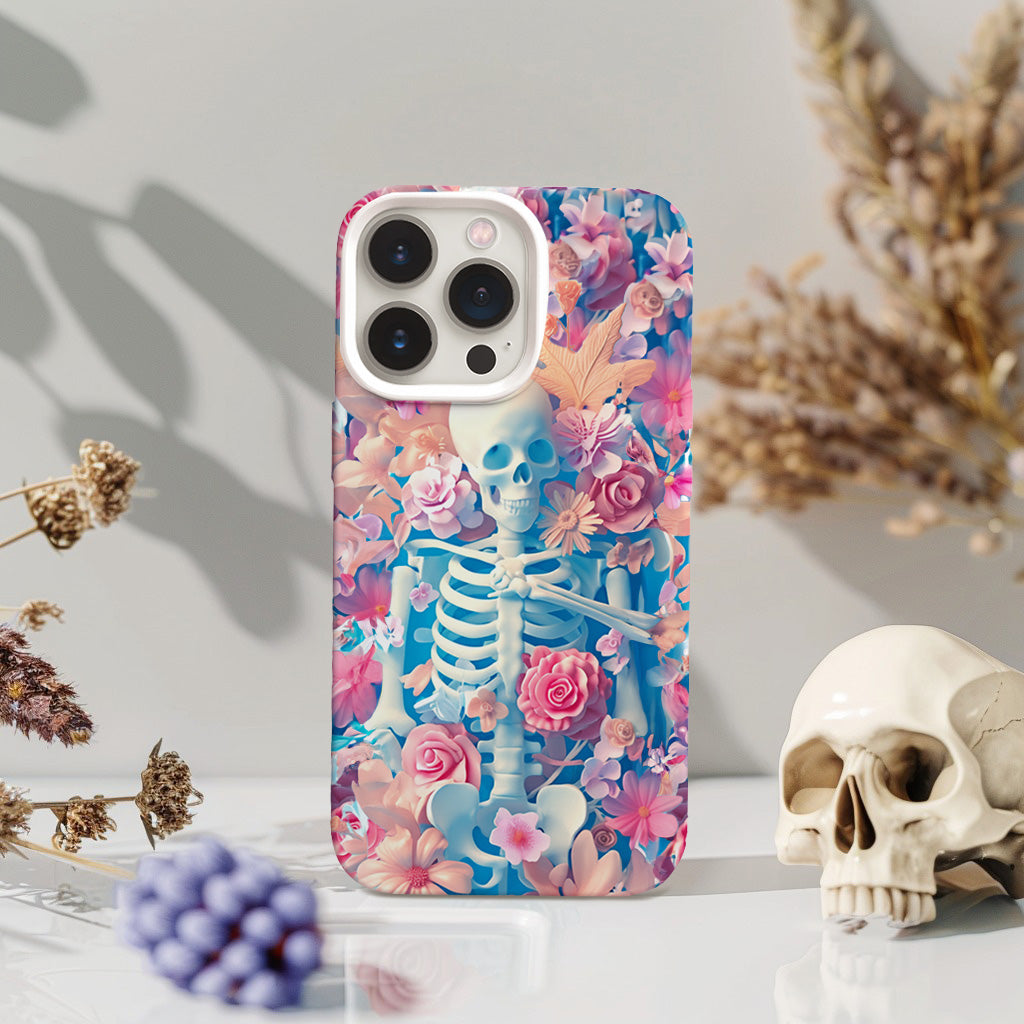 Pastel Skeleton with Pink Flowers Phone Case, Artistic Cover,iPhone, Pixel, Samsung