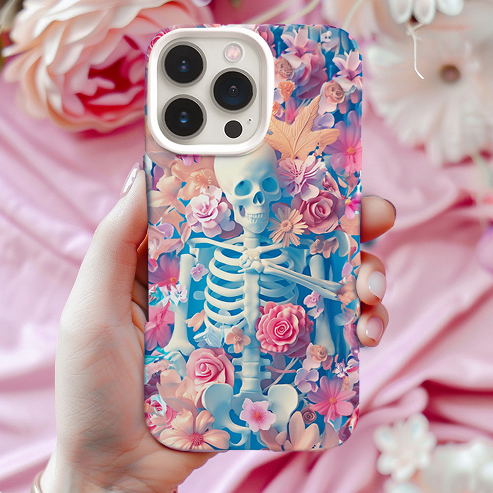 Pastel Skeleton with Pink Flowers Phone Case, Artistic Cover,iPhone, Pixel, Samsung